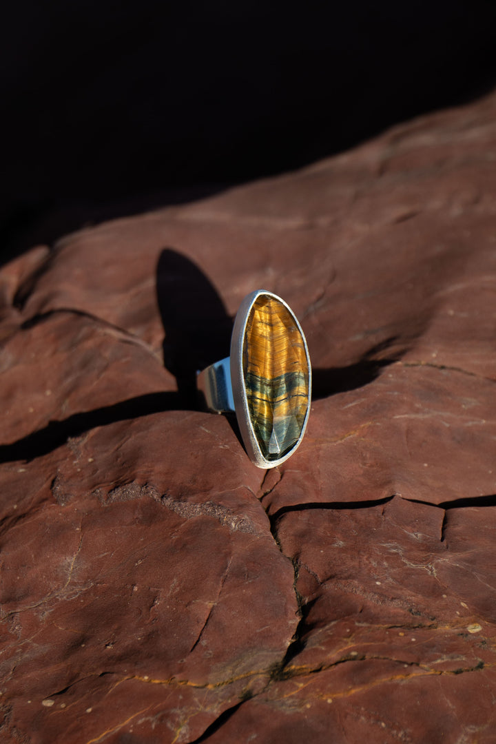 Tigers Eye Ring in Brushed Sterling Silver - Adjustable Band
