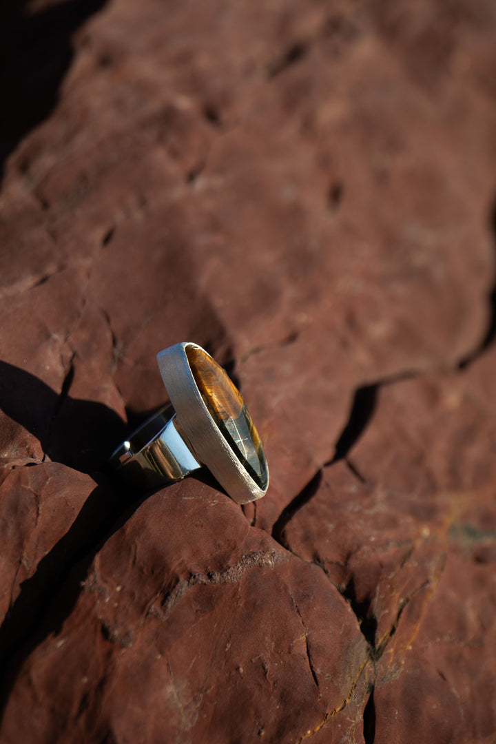 Tigers Eye Ring in Brushed Sterling Silver - Adjustable Band