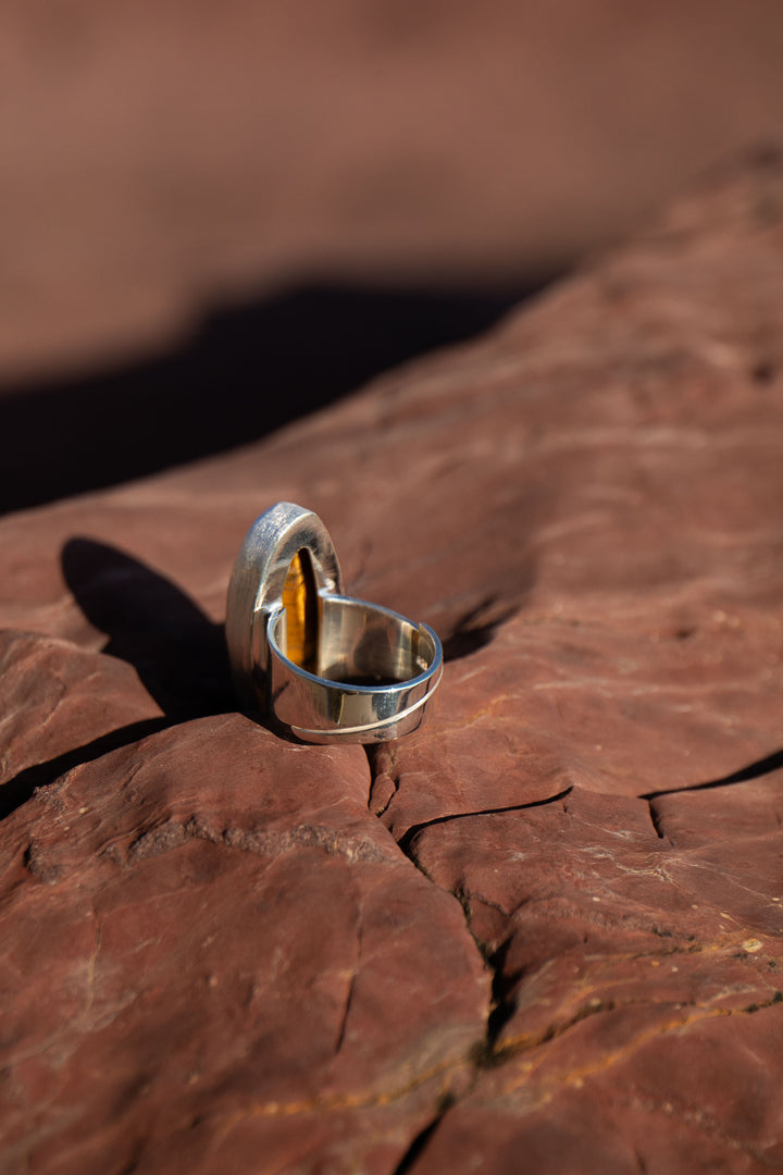 Tigers Eye Ring in Brushed Sterling Silver - Adjustable Band