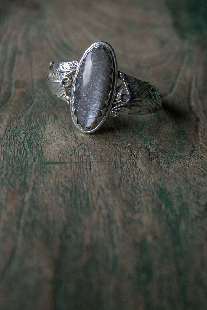 Silver Sheen Obsidian Bangle with Sterling Silver Leaf Embellishments