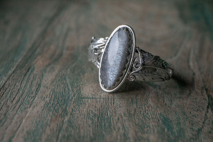 Silver Sheen Obsidian Bangle with Sterling Silver Leaf Embellishments