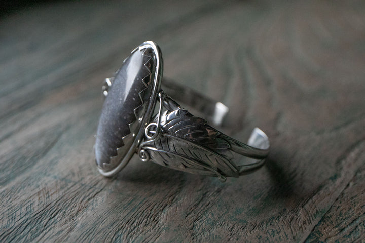 Silver Sheen Obsidian Bangle with Sterling Silver Leaf Embellishments