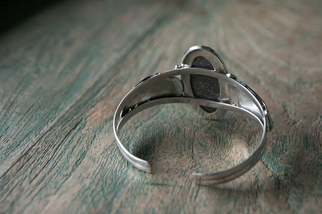 Silver Sheen Obsidian Bangle with Sterling Silver Leaf Embellishments