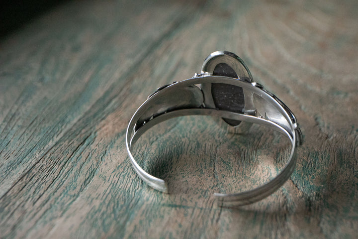 Silver Sheen Obsidian Bangle with Sterling Silver Leaf Embellishments