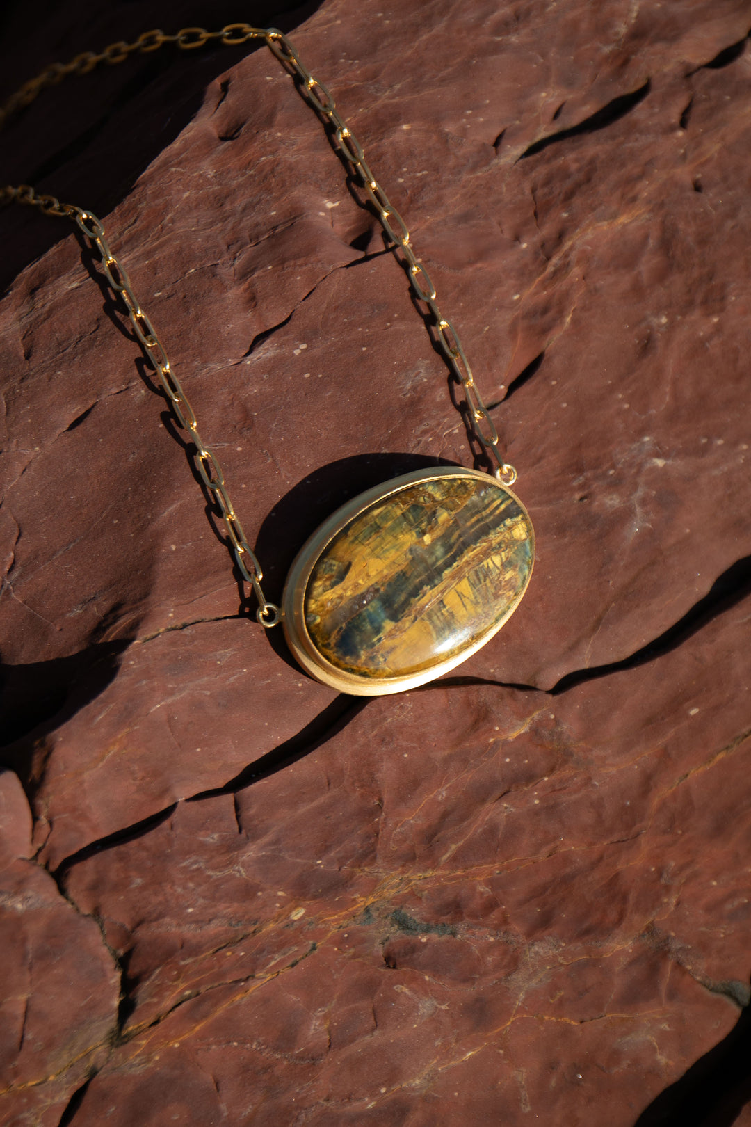 Statement Tigers Eye Pendant on Gold Plated Sterling Silver Chain Setting