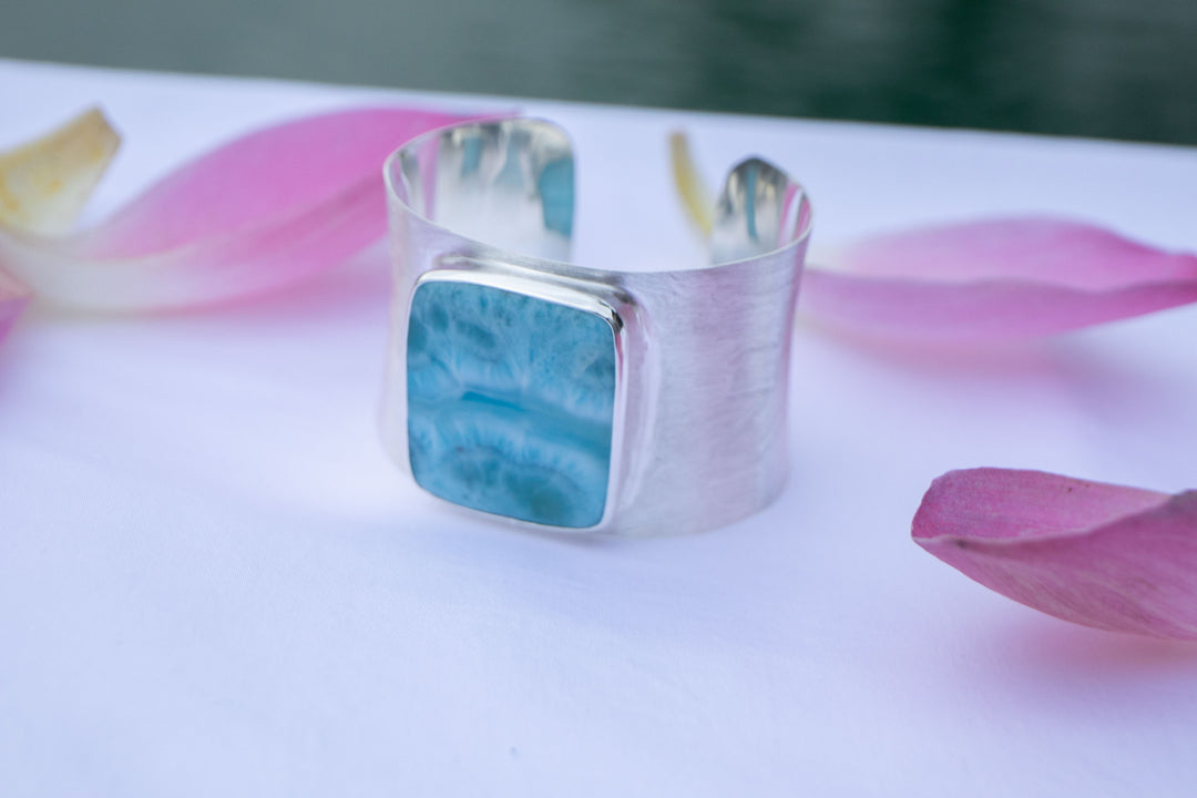 Statement Larimar Cuff Bangle in Brushed Sterling Silver