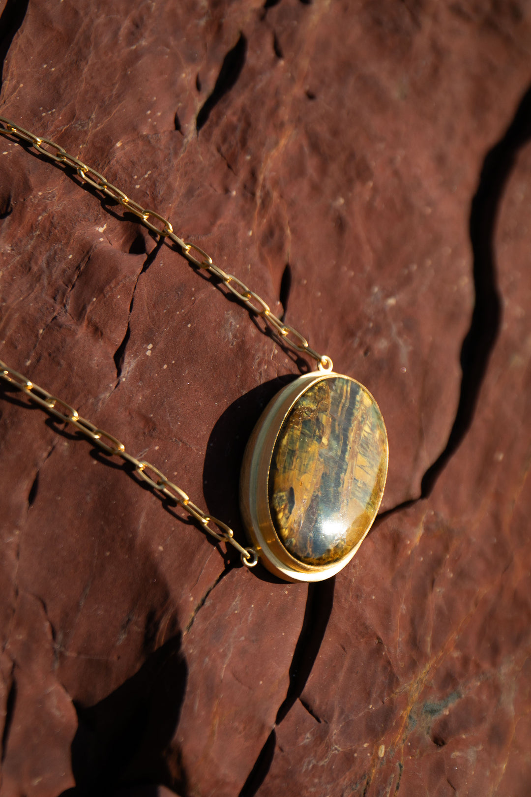 Statement Tigers Eye Pendant on Gold Plated Sterling Silver Chain Setting