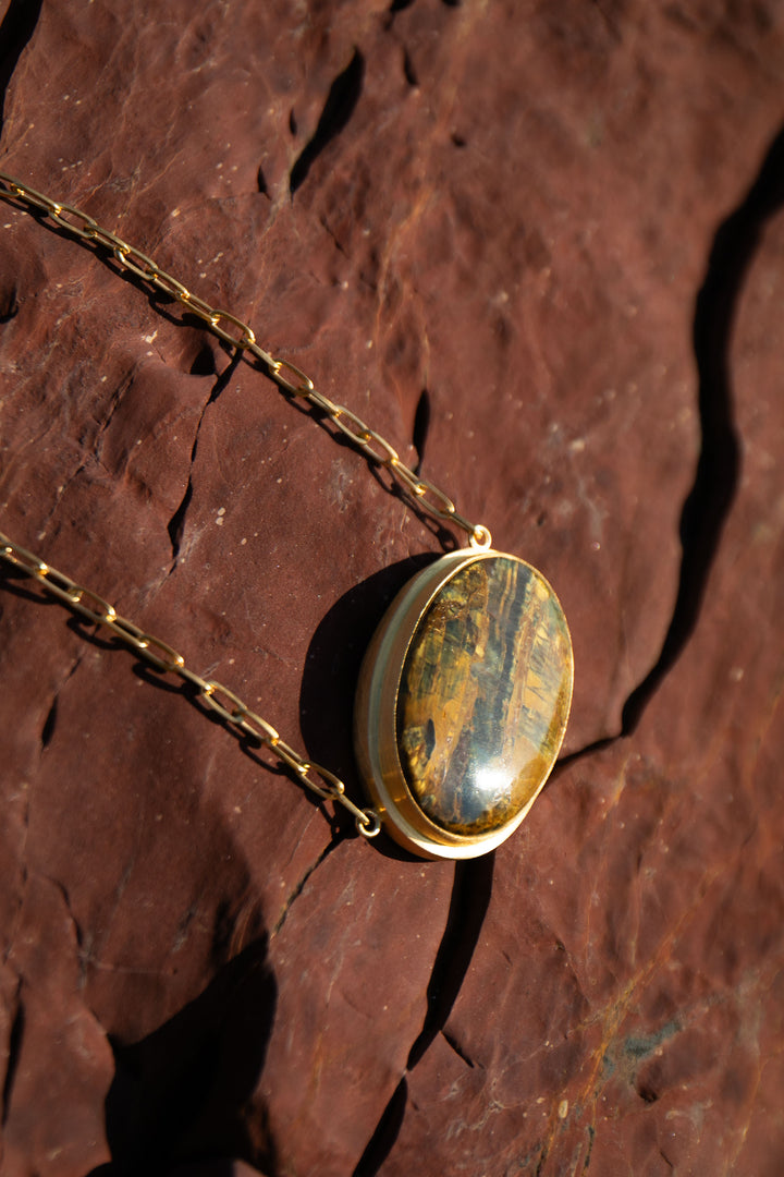 Statement Tigers Eye Pendant on Gold Plated Sterling Silver Chain Setting
