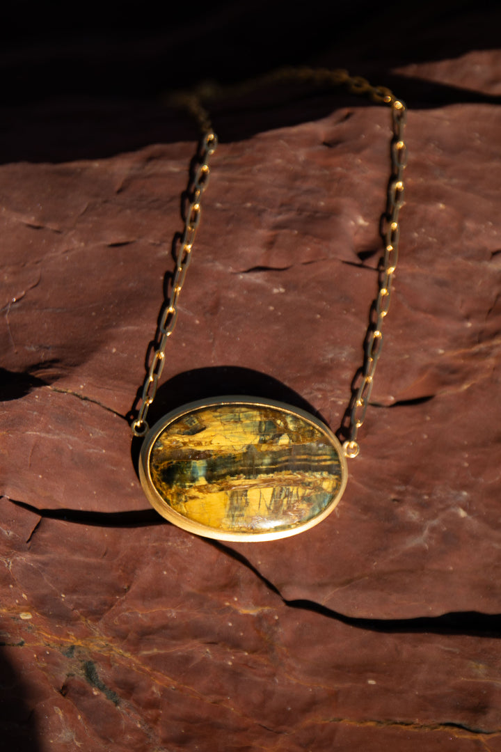Statement Tigers Eye Pendant on Gold Plated Sterling Silver Chain Setting