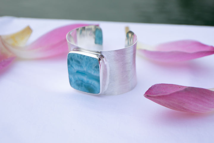 Statement Larimar Cuff Bangle in Brushed Sterling Silver