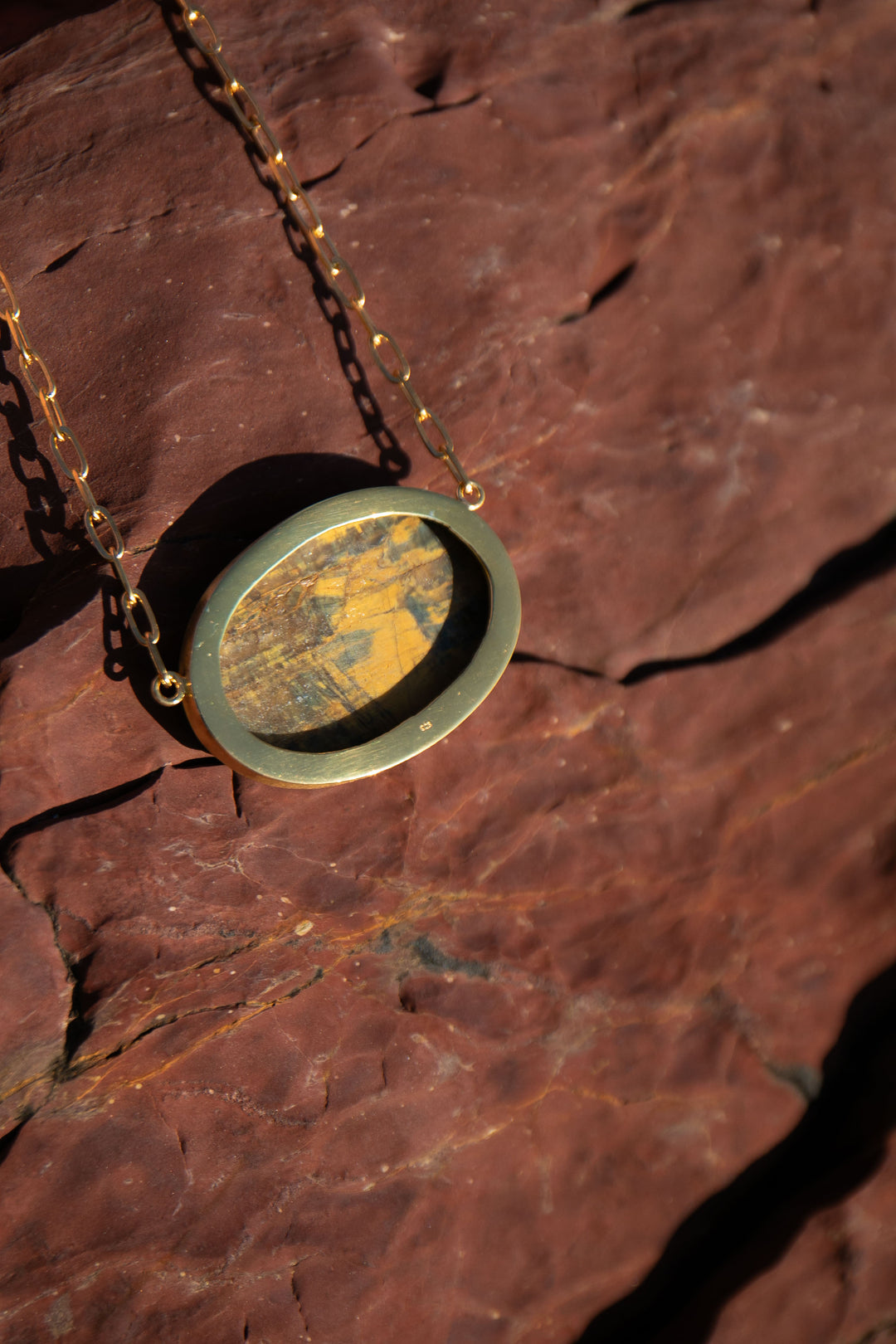 Statement Tigers Eye Pendant on Gold Plated Sterling Silver Chain Setting