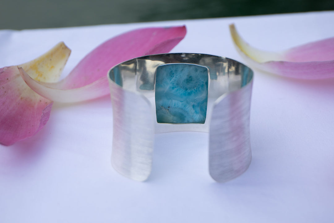 Statement Larimar Cuff Bangle in Brushed Sterling Silver