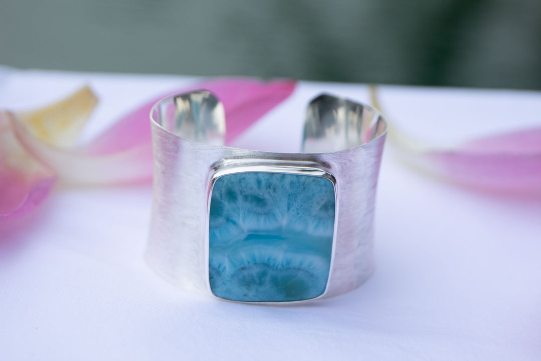 Statement Larimar Cuff Bangle in Brushed Sterling Silver