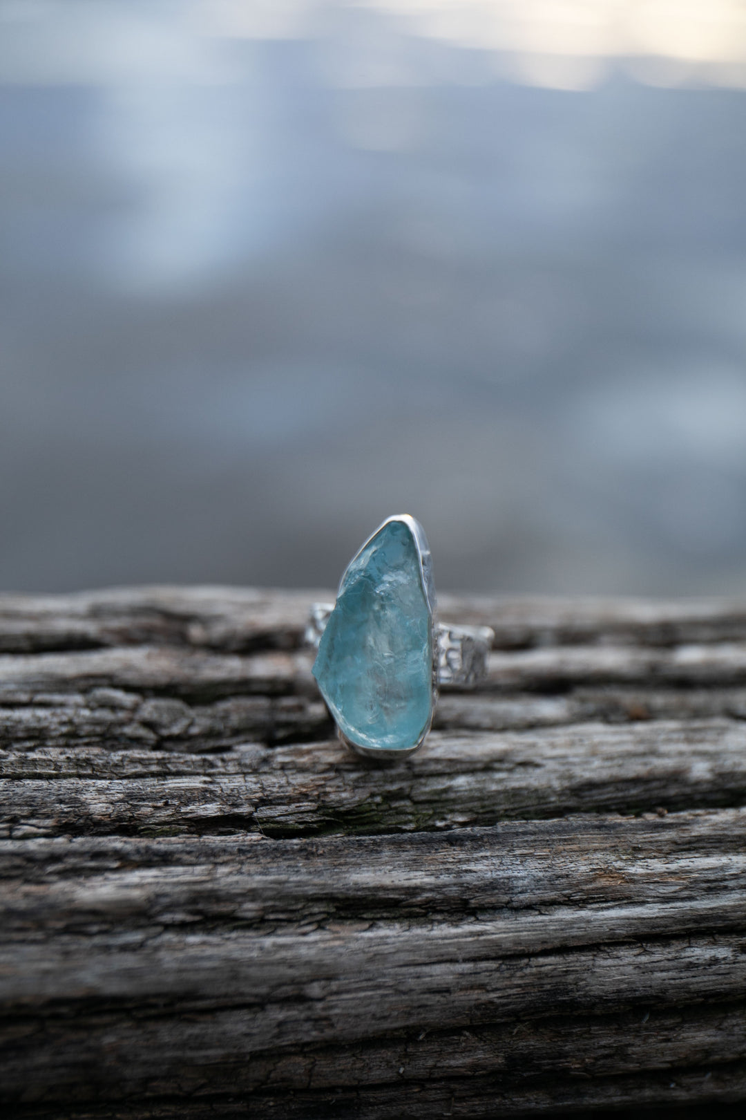 Raw Mozambique Aquamarine Ring with Beaten Adjustable Band