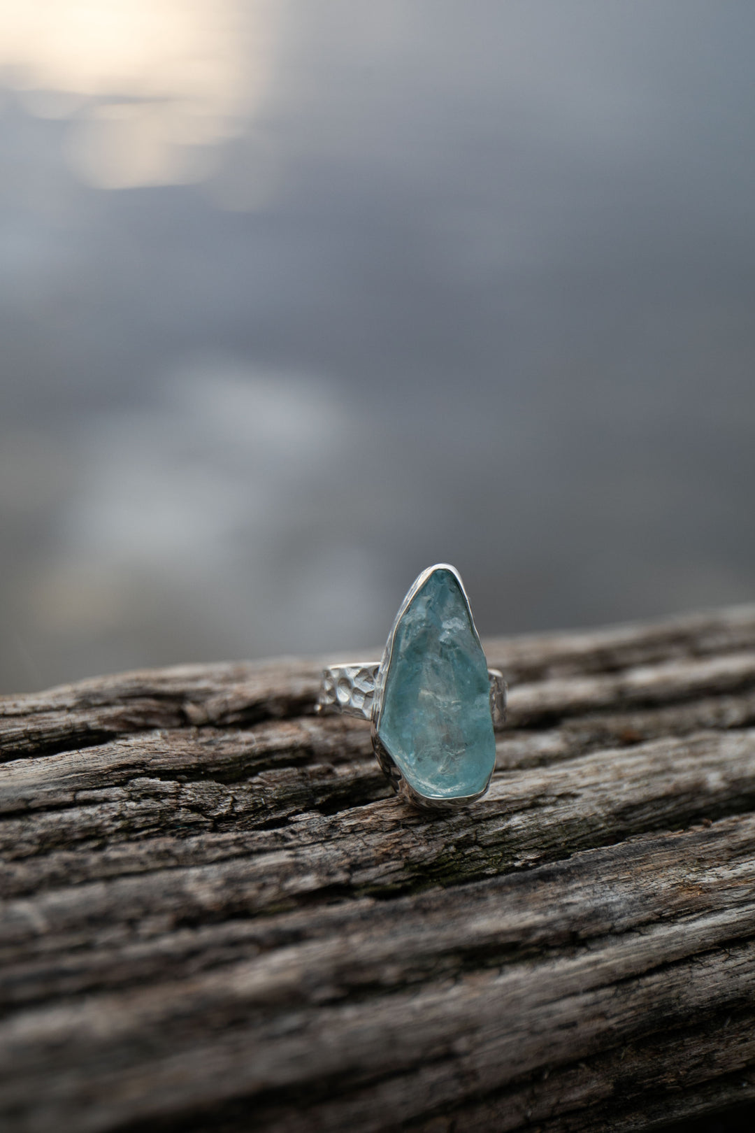 Raw Mozambique Aquamarine Ring with Beaten Adjustable Band