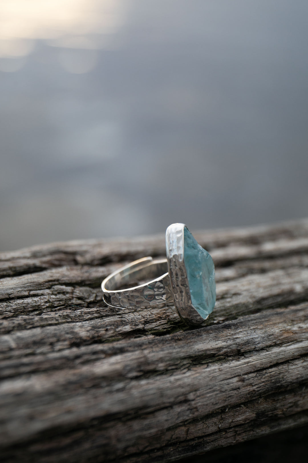 Raw Mozambique Aquamarine Ring with Beaten Adjustable Band