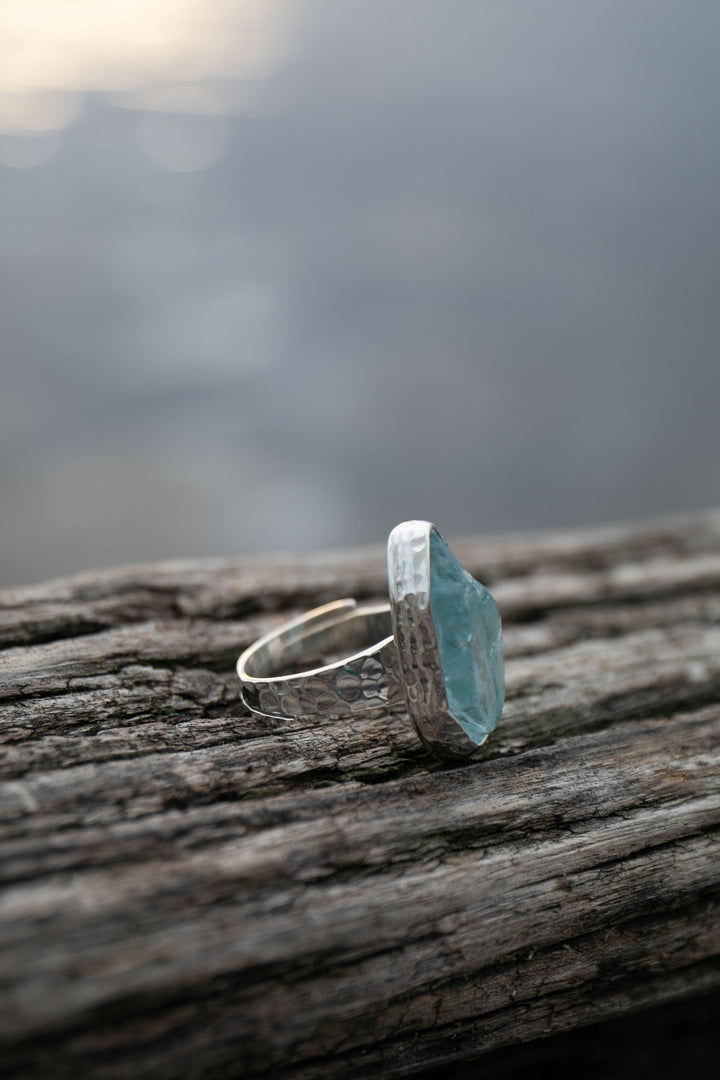 Raw Mozambique Aquamarine Ring with Beaten Adjustable Band
