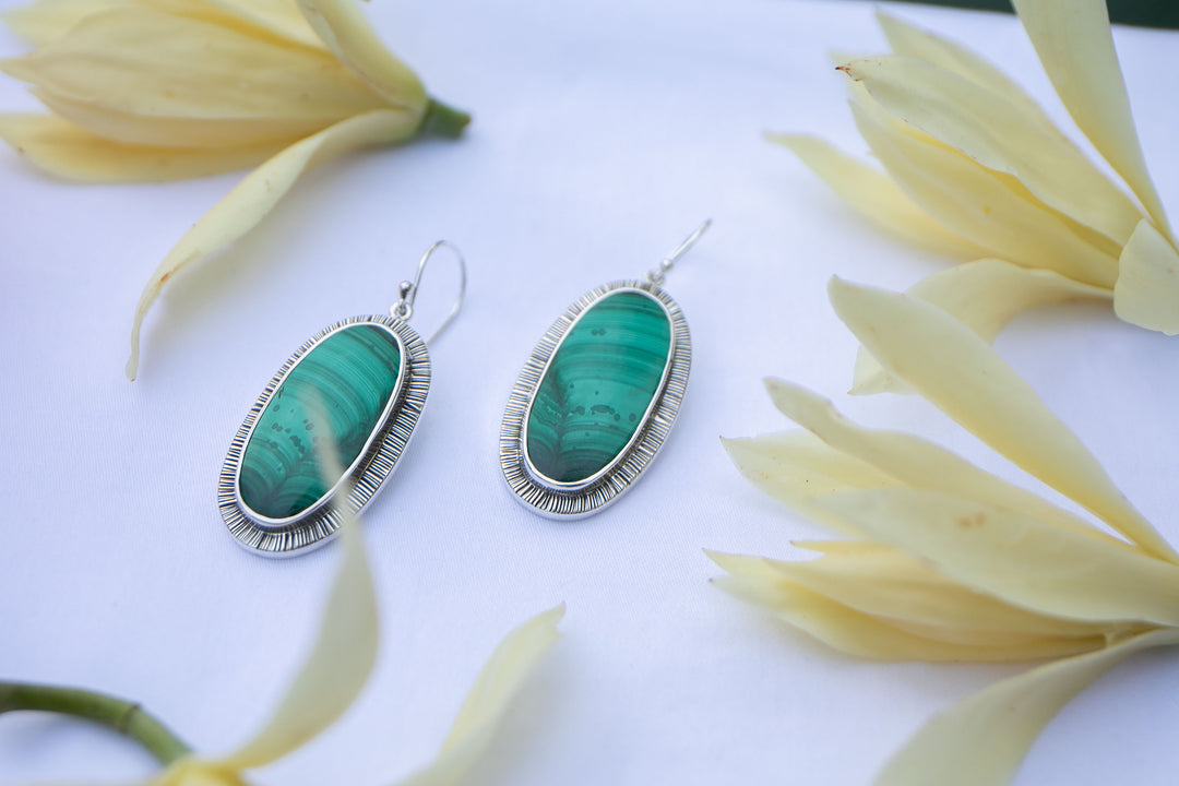 Malachite Earring in Unique Sterling Silver Setting