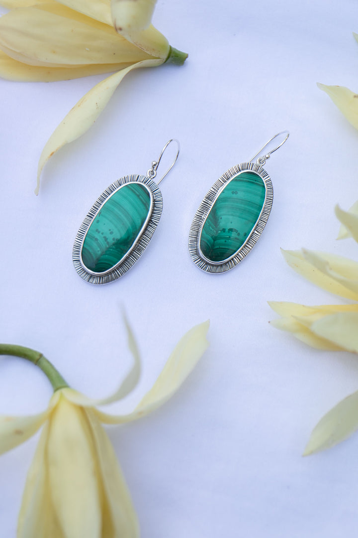 Malachite Earring in Unique Sterling Silver Setting