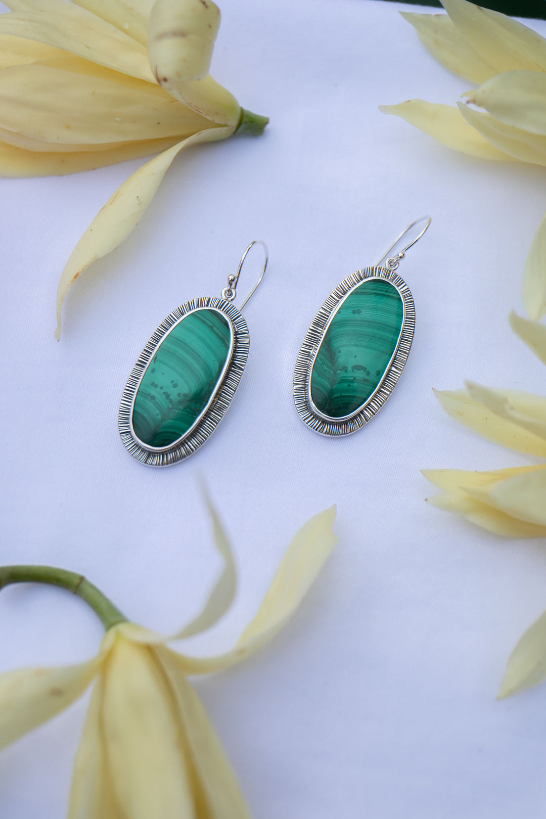 Malachite Earring in Unique Sterling Silver Setting