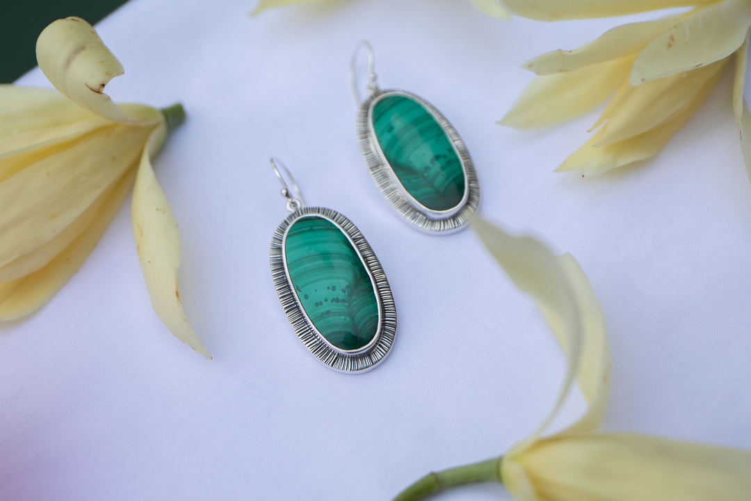 Malachite Earring in Unique Sterling Silver Setting