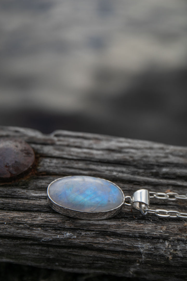 Rainbow Moonstone Pendant in Beaten Sterling Silver Setting