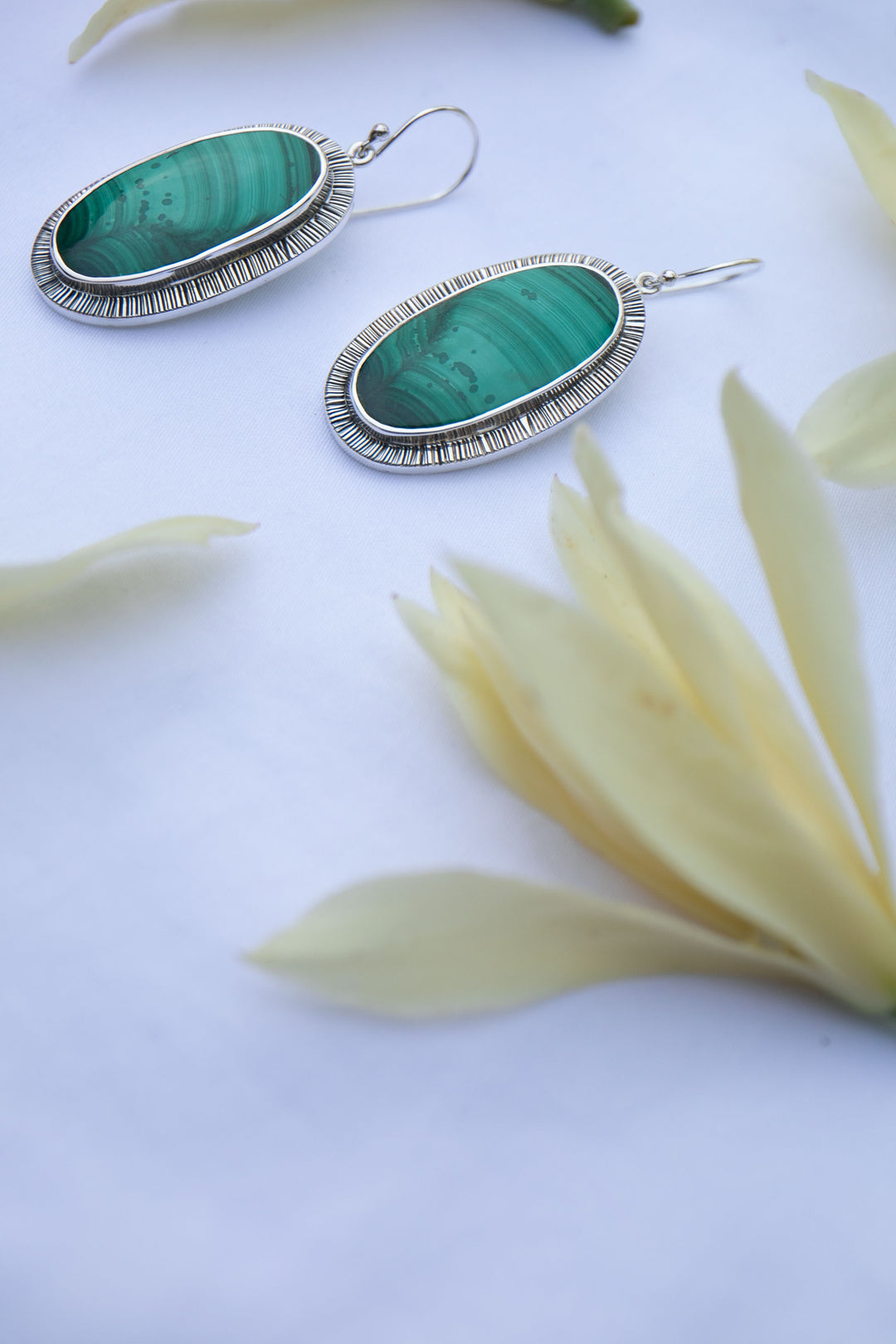 Malachite Earring in Unique Sterling Silver Setting