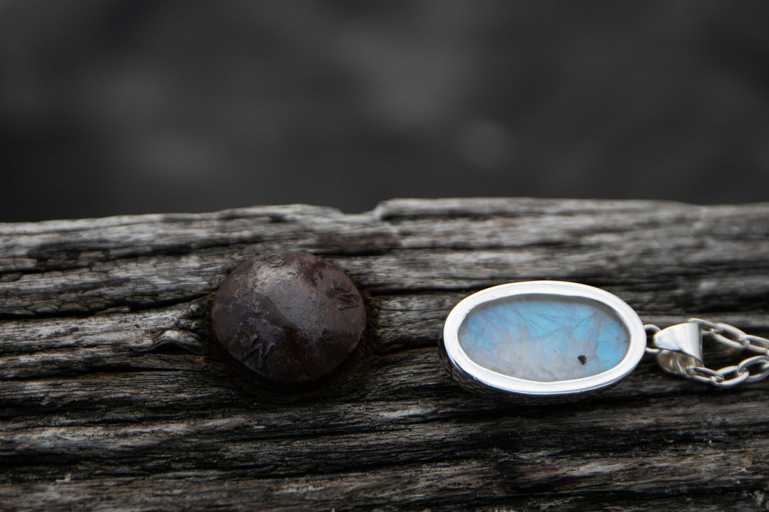 Rainbow Moonstone Pendant in Beaten Sterling Silver Setting