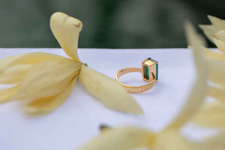 High Quality Dark Green Tourmaline Signet Ring set in 14k Gold Plated Sterling Silver - Size 7.5 US