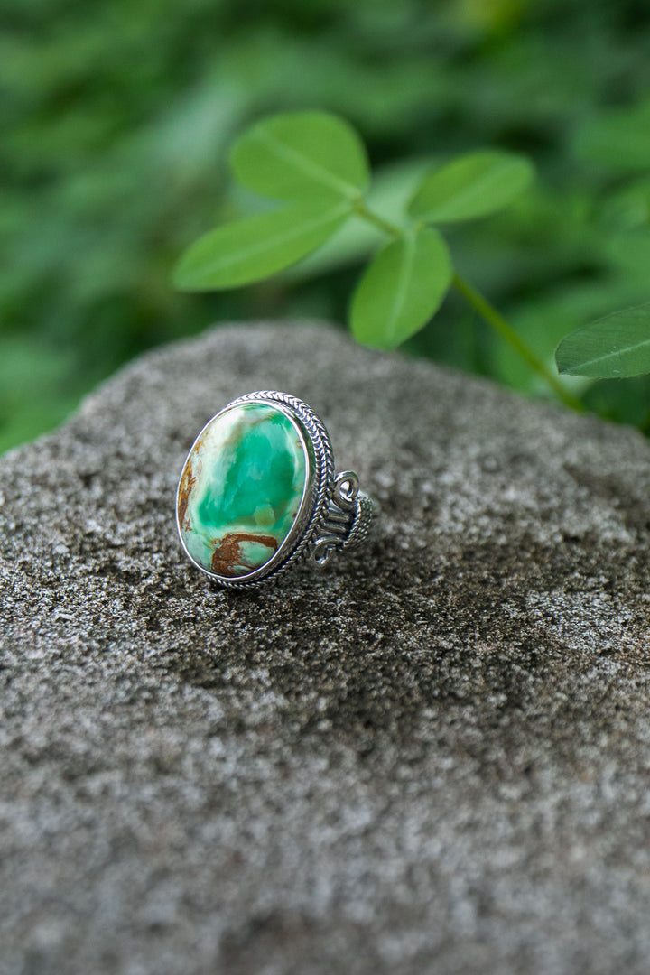 Variscite Ring in Tribal Sterling Silver Setting - Size 9.5 US