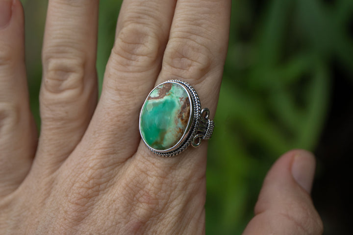 Variscite Ring in Tribal Sterling Silver Setting - Size 9.5 US