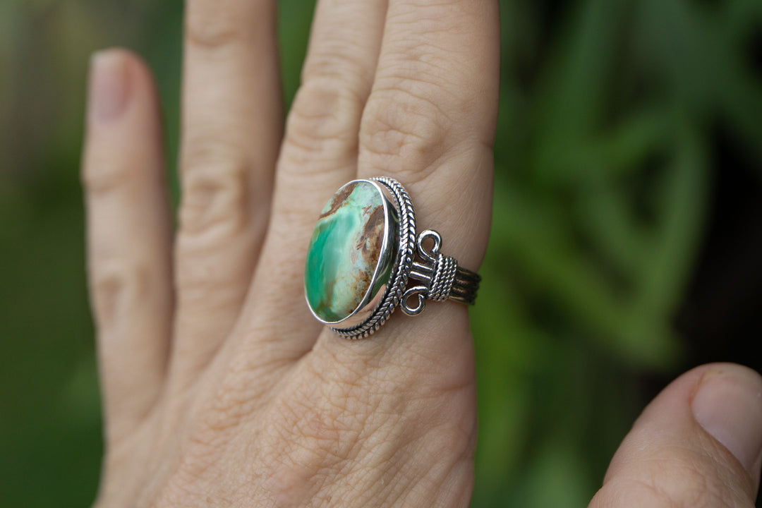 Variscite Ring in Tribal Sterling Silver Setting - Size 9.5 US