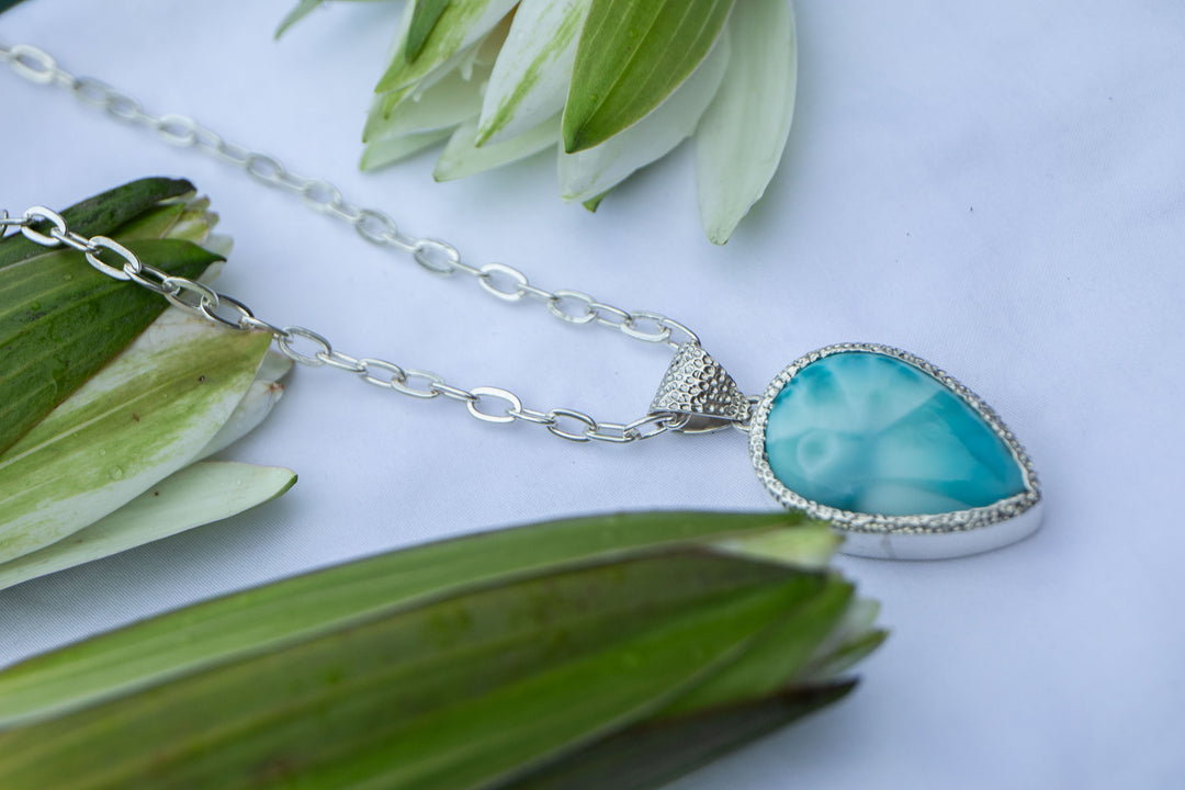 Larimar Pendant in Unique Bezel Silver Setting