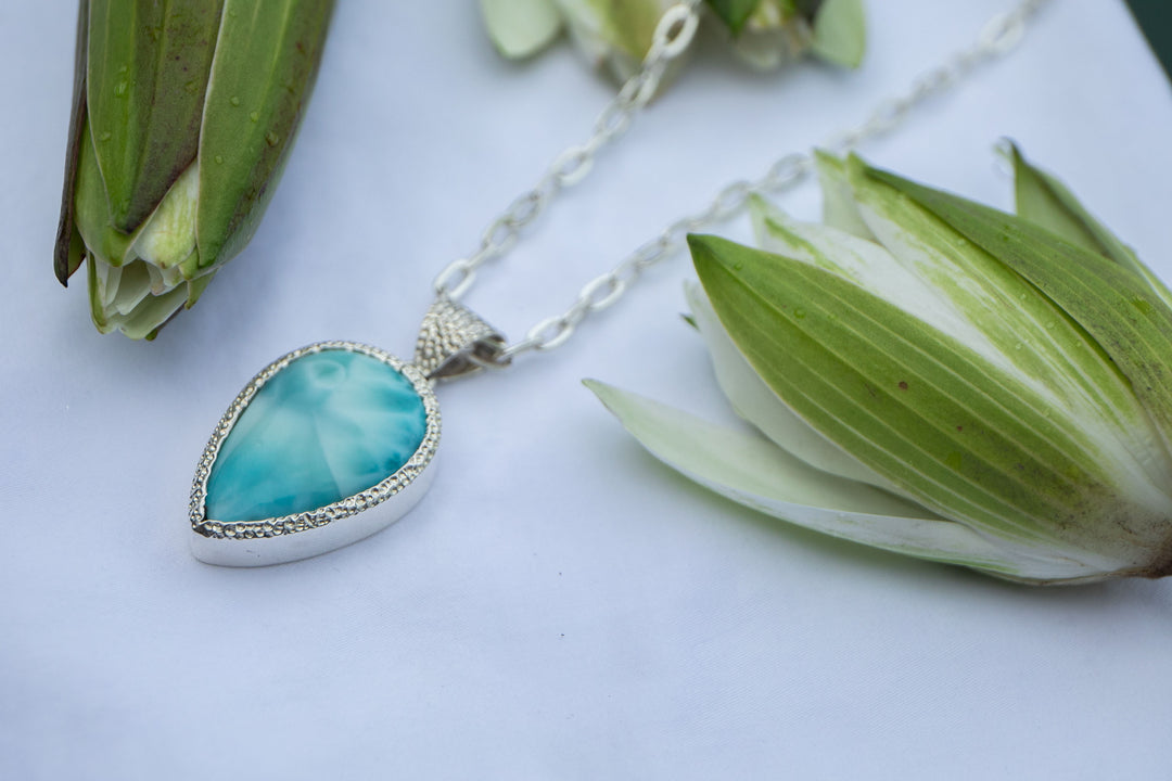 Larimar Pendant in Unique Bezel Silver Setting
