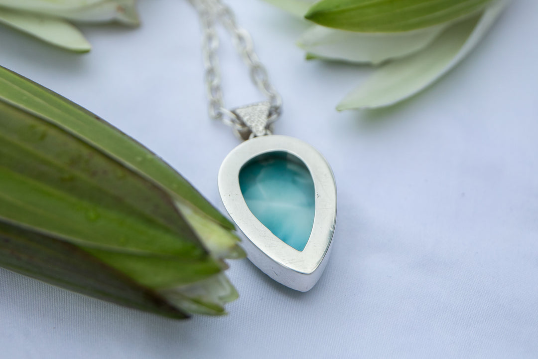 Larimar Pendant in Unique Bezel Silver Setting