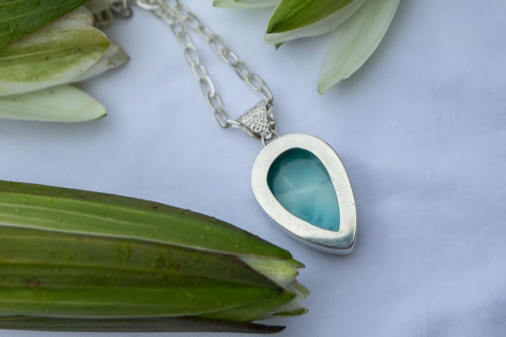 Larimar Pendant in Unique Bezel Silver Setting