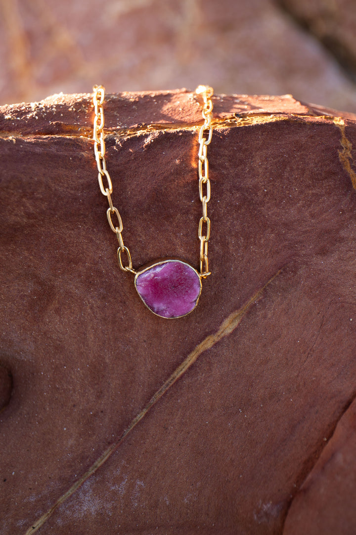 Raw Ruby Necklace with 24k Gold Plated Setting and Chain
