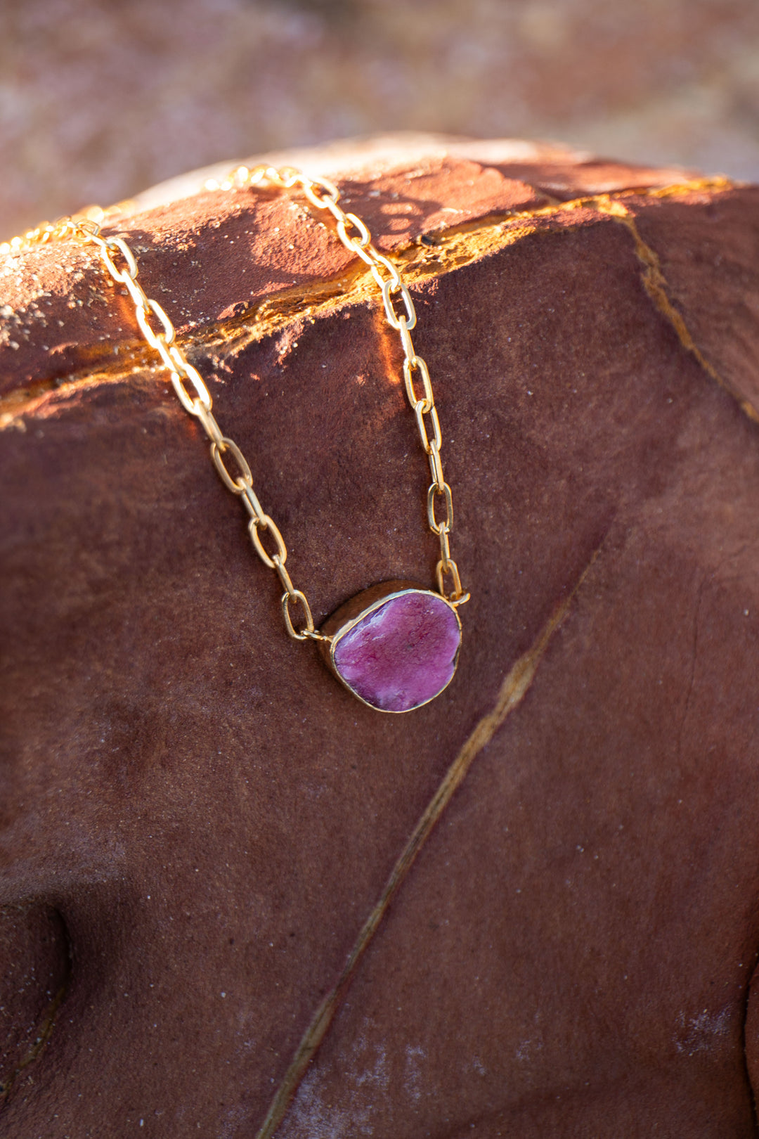 Raw Ruby Necklace with 24k Gold Plated Setting and Chain
