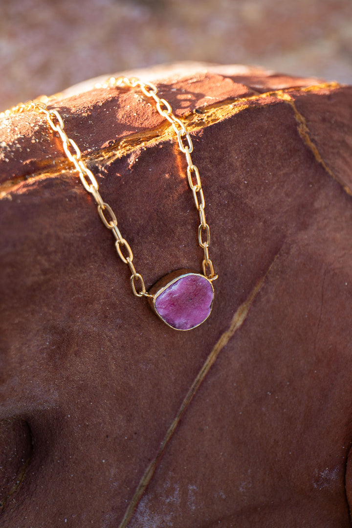 Raw Ruby Necklace with 24k Gold Plated Setting and Chain