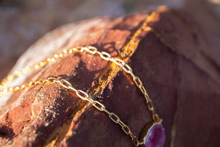 Raw Ruby Necklace with 24k Gold Plated Setting and Chain