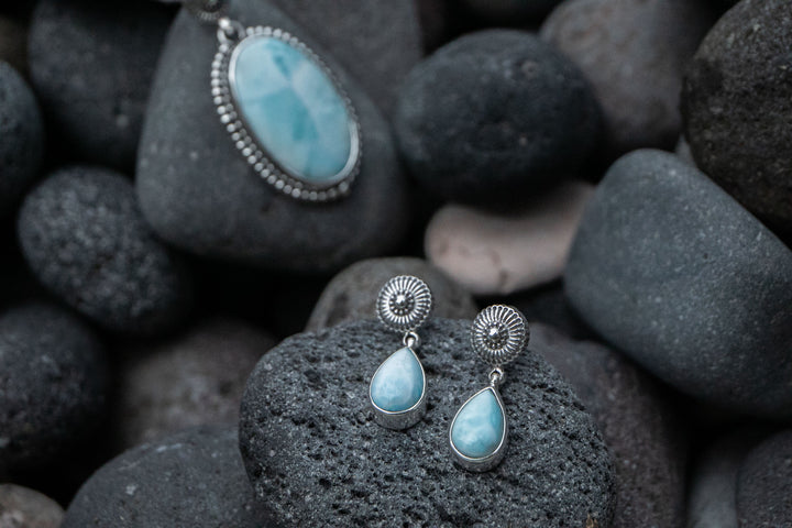 Unique Larimar Stud Drop Earrings set in Tribal 92.5% Sterling Silver