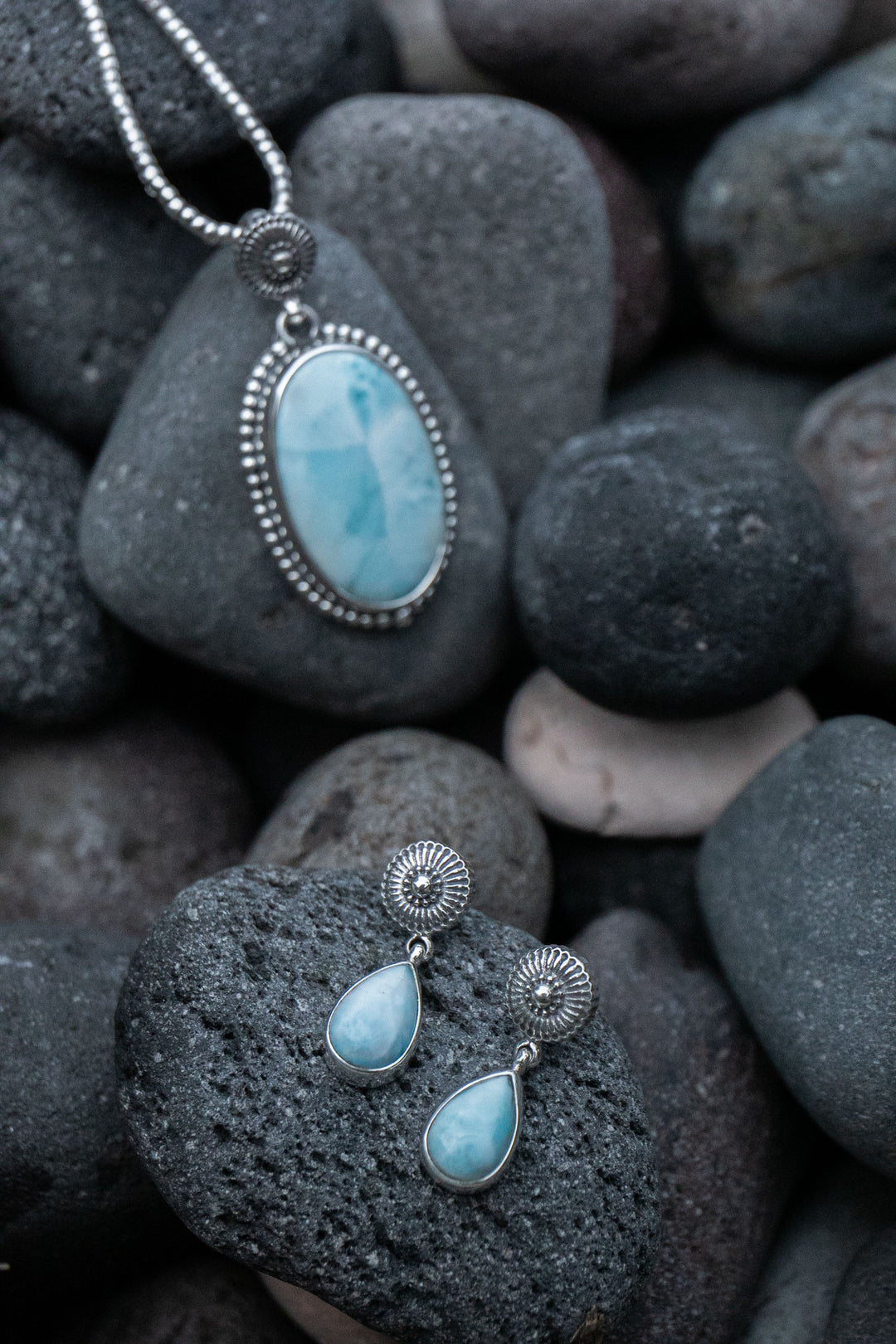 Unique Larimar Stud Drop Earrings set in Tribal 92.5% Sterling Silver