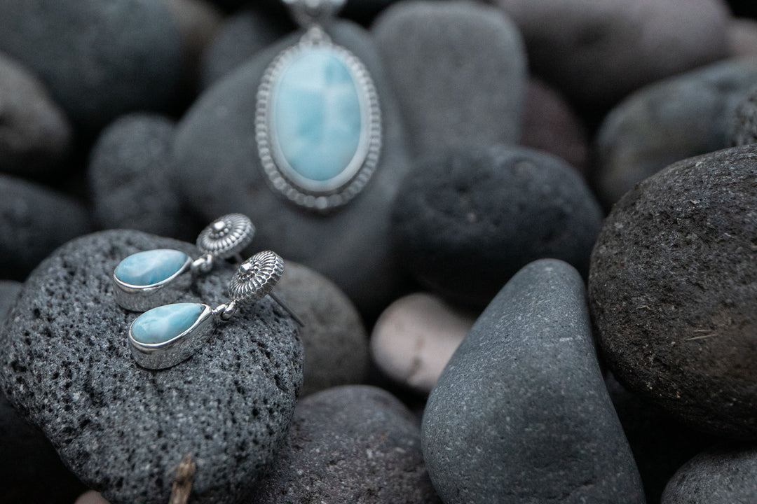 Unique Larimar Stud Drop Earrings set in Tribal 92.5% Sterling Silver