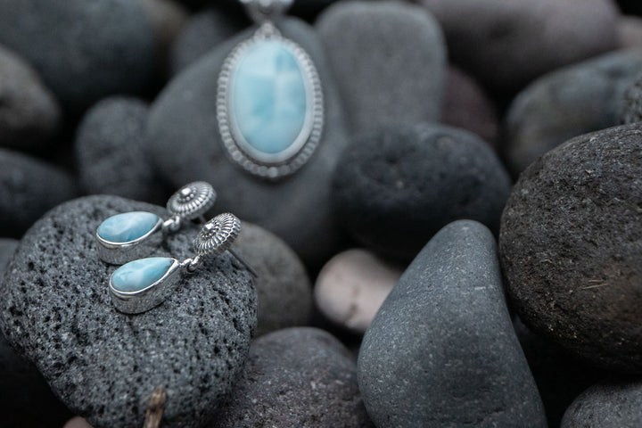 Unique Larimar Stud Drop Earrings set in Tribal 92.5% Sterling Silver