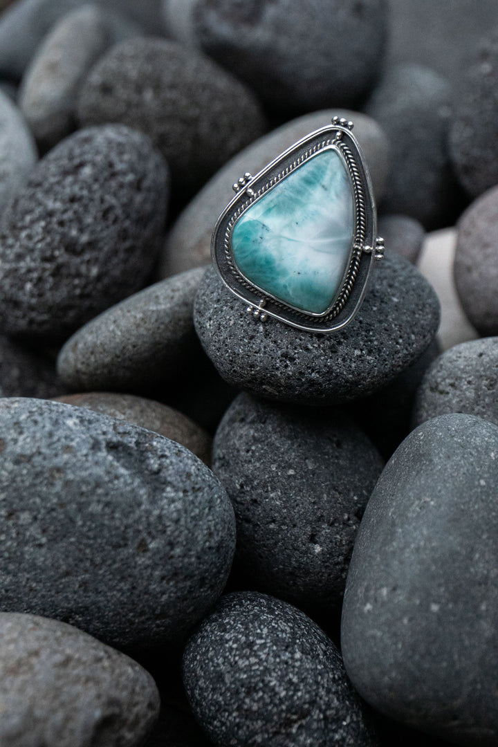 Larimar Ring in Tribal Sterling Silver Setting - Size 7 US