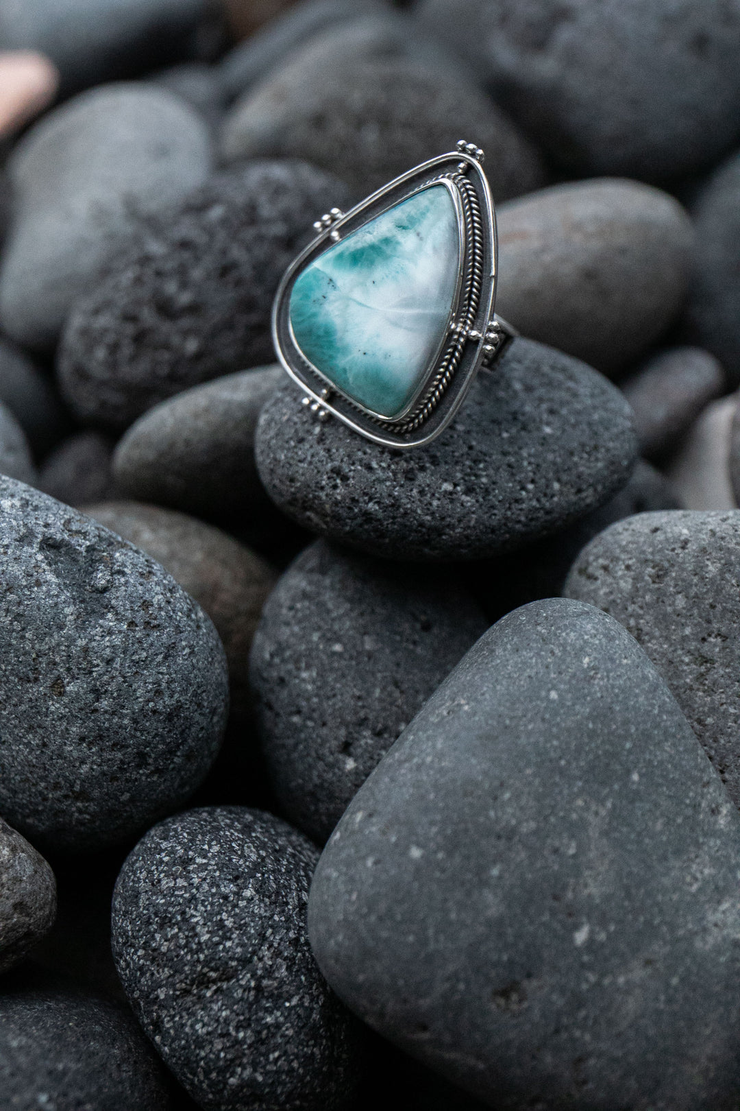 Larimar Ring in Tribal Sterling Silver Setting - Size 7 US