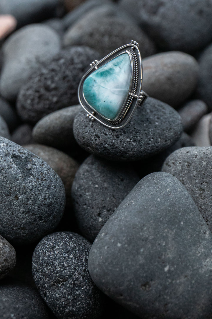 Larimar Ring in Tribal Sterling Silver Setting - Size 7 US