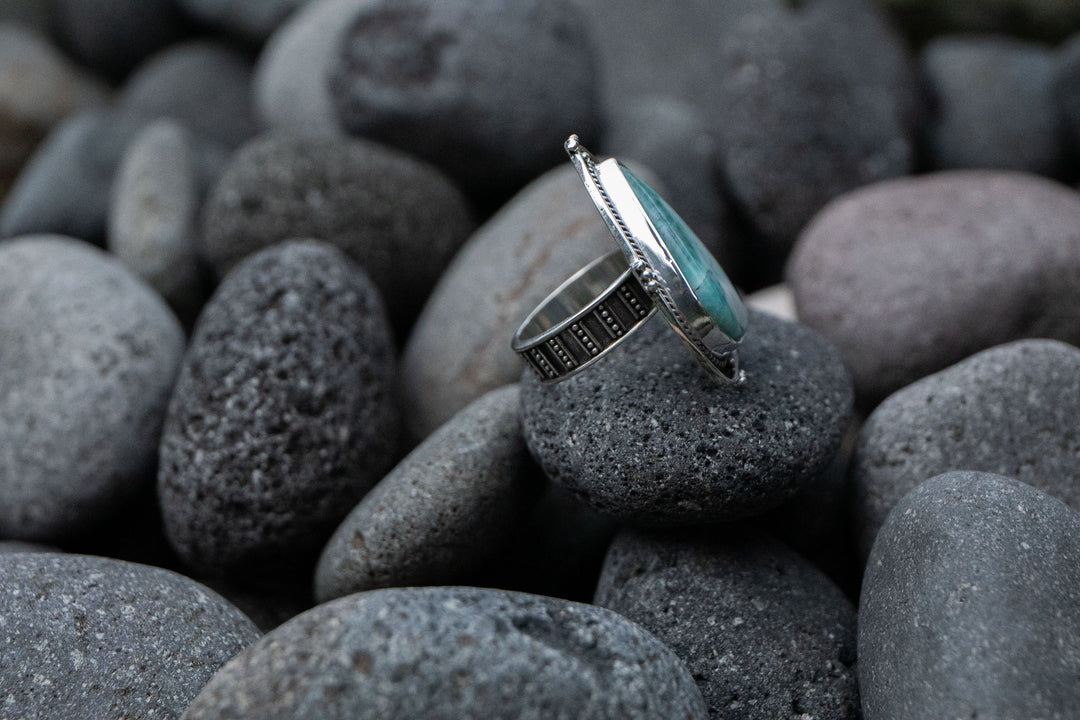 Larimar Ring in Tribal Sterling Silver Setting - Size 7 US