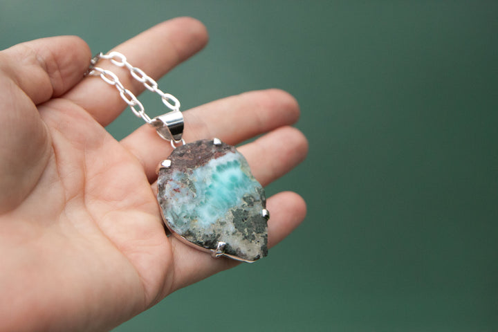 Statement Larimar Pendant in Claw Silver Setting