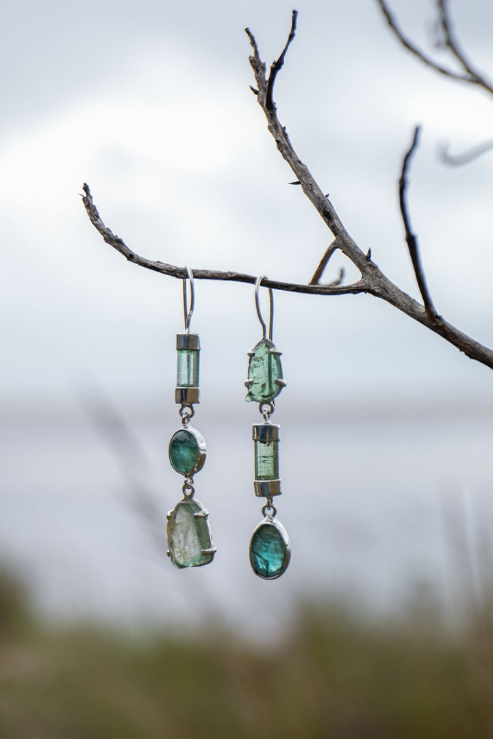 One of a Kind High Quality Green Tourmaline Earrings in Unique Sterling Silver Setting